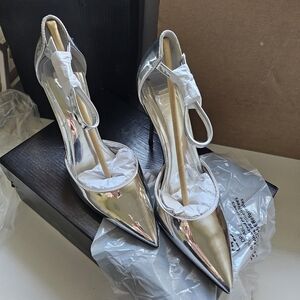 DKNY Silver Pointed Toe Slingback Pumps Heels